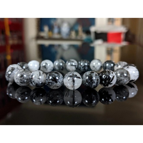 RAYON Black Tourmaline Rutilated Quartz bead bracelet for MEN Stretch