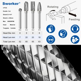 Sworker 4Pcs Carbide Burr Set 1/4 Shank w/Clear Box Head Dia 8mm Die Grinder Bits Rotary Tools Attachment Kit Rasp File Accessories Metal Wood Stone Steel Grinding Deburring Cutting Porting Carving