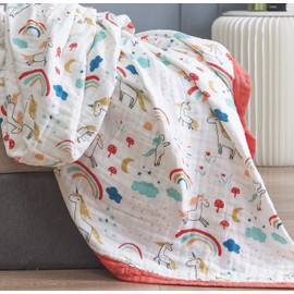 J-pinno - Manta de muselina de unicornio arcoíris 100% algodón, 6 capas, manta de cama individual, suave, cálida, para sofá y niños pequeños, diseño de dibujos animados (arco iris,