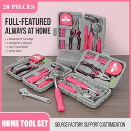 20 Pieces Home Tool Set, Basics Household Tool Kit with Small Mini Carrying Box for Men and Women DIY (Pink)
