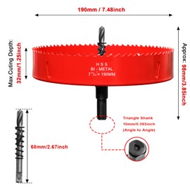 Hole Saw 7-1/2" (190mm) for Wood, 7.5 inch HSS Bi-Metal Hole Cutter with Pilot Drill Bit for Woodworking, PVC Boards, Drywall and Plastic, 3/8" Triangle Shank
