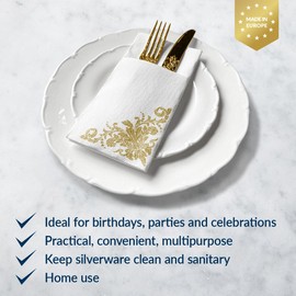 PAW - Linen Feel Napkins with Built-in Flatware Pocket, Soft and Absorbent Paper Pre-Folded Napkins with Golden Ornament, Elegant Guest Towels, Wedding Party, Dinner, Birthday, Gatherings, 50 Count
