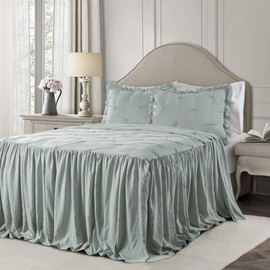 Lush Decor Blue Ravello Pintuck Ruffle Skirt Bedspread Shabby Chic Farmhouse Style Lightweight 3 Piece Set King
