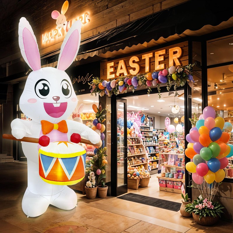OurWarm 8FT Easter Inflatables Outdoor Decorations, Drumming Inflatable Easter Bunny
