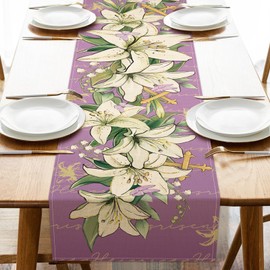 Uruney Easter Lily Flower Christian Table Runner, Religious Cross Floral Purple Kitchen Dining Table Decoration, Spring Butterfly Burlap Indoor Outdoor Home Decor Party Supply 13 x 72 Inches