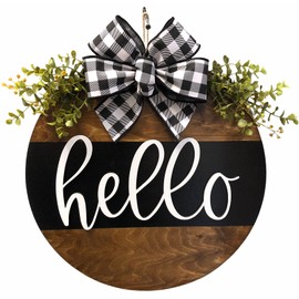Hello Wreath with Stripe for Front Door Year Round Hanger Welcome Plaid Ribbon Bow Sign 16" Everyday Wall Decor, Wood Plaque White Black Brown 3D Eucalyptus Greenery