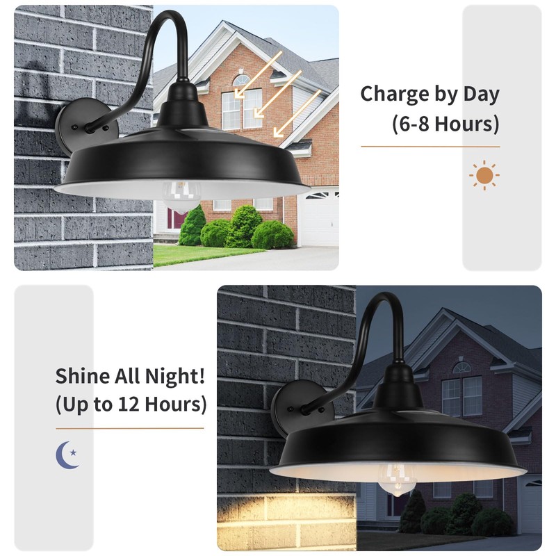 Diyel Solar Barn Light Outdoor, 16 Inch Dome Gooseneck Wall