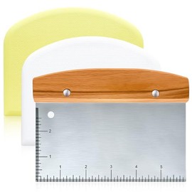 Raspador de banco versátil con mango de madera, cortador de masa de acero inoxidable de alta calidad con 2 raspadores de cuencos flexibles para pastel