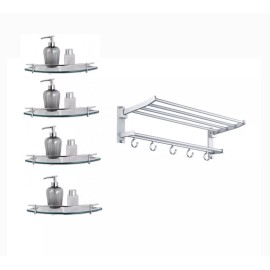 ArgenMex Set Baño 4 Repisas Esquineras Cristal + Toallero Doble Inox