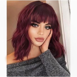 NAYASA Curly Bob Wig with Bangs Short Wavy Wine Red Color Wigs for Women Bob Style Synthetic Heat Resistant Bob Wigs - Color: Wine Red