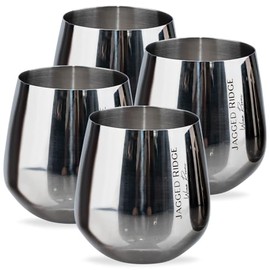 Jagged Ridge Wine Rooms Silver Steel Stemless Wine Glass - Elegant & Classy Stainless Steel Wine Glass for Parties, Picnics & Special Occasions - Crafted for All Wine Enthusiasts - Set of 4