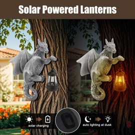 Gugxiom Dragon Garden Statues, 9.3 in Dragon Tree Hugger Solar Lantern, Resin Statue Outdoor Decor, Outdoor Home Decor Gift for Yard Balcony Garden