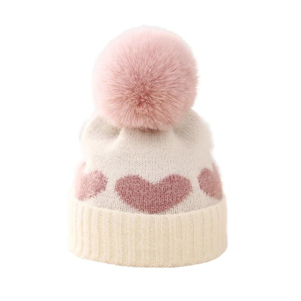 Baby Girl Winter Hat Cute Heart Pattern Plush Pom Knit