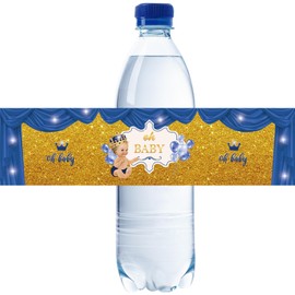 32pcs Blue Oh Baby Water Bottle Labels, Gold Glitter Gender Reveal/1st Birthday Stickers, Little Prince Bottle Wrappers, Welcome Baby Boy Bottle Wrappers for Baby Shower
