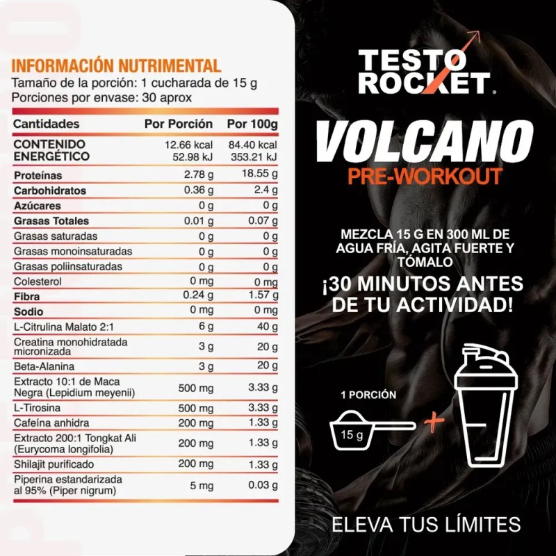 Pre Entreno Testo Rocket Volcano con Creatina y Citrulina para