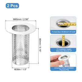 sourcing map 2 Pack Shower Drain Strainer, 3.2" x 2.6" 304 Stainless Steel Floor Drain Strainer Deep Sink Hair Catcher for Kitchen Bathroom Balcony Floor Drain, Fit Hole Size from 1.6" to 2.4"