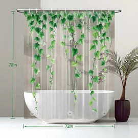 Clear Green Ivy Leaves Shower Curtain Liner, Transparent Plastic Nature Green Botanical Leaf Decorative Waterproof Shower Curtains for Bathroom, 72x78 Weighted Magnetic Shower Curtain Liner with Hooks
