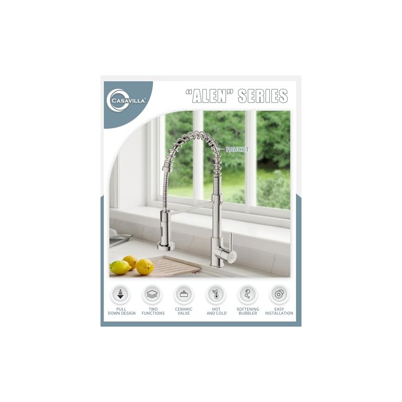 Kitchen Faucet, Commercial Kitchen Sink Faucets with Pull Down Sprayer,