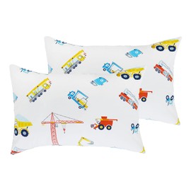 Truck Construction Vehicle Car Pillow Case for Kids, 2 Pack Cotton Toddler Pillowcases, Soft Travel Pillow Shams with Envelope Closure for Boys, Standard 20" X 30" Pillowcase