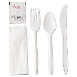 250 White Plastic Cutlery Packets - Knife, Fork, Spoon & Napkin Sets with Salt & Pepper - Individually Wrapped, Disposable Silverware