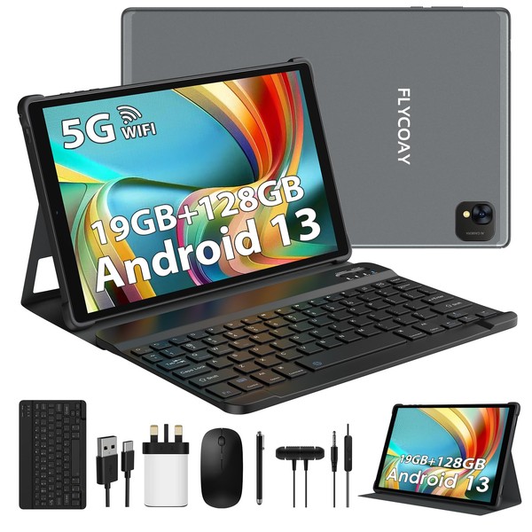 FLYCOAY Tablet 10 Inch Android 13,Cores,19GB RAM+128GB ROM (TF 1TB) 5G+2.4G WIFI, 2.0GHz, 8000mAh, Split Screen, Face ID,GPS,Tablet with keyboard | Mouse| case| Pen| etc. (Gray)