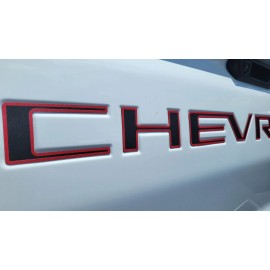 AUTOCARIMAGE RAISED TAILGATE LETTERS for SILVERADO 2019 - 2025 matte finish black Red Outline