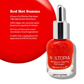 Nailtopia - Plant-Based Chip Free Nail Lacquer - Non Toxic, Bio-Sourced, Long-Lasting, Strengthening Polish - Red Hot Summa (Red With Orange Undertones) - 0.41oz