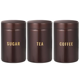 Bayseun Tea Coffee Sugar Canisters, Set of 3 Tea Coffee and Sugar Canisters for Home, Easy Open & Airtight Lids, Tea Caddy, Kitchen Storage Jars, Decorative Tins, Brown