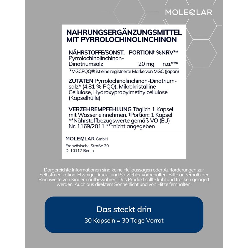 MoleQlar PQQ (pyrroloquinoline quinone) capsules - MGCPQQ® brand raw material