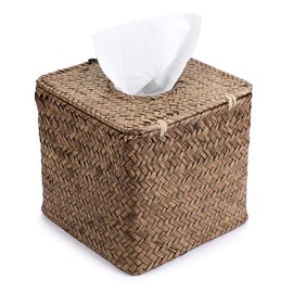 BSTKEY Household Cube Seagrass Facial Tissue Box Decorative Woven Paper Holder, Coffee,14x14x13