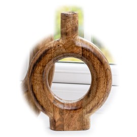 Round Donut Vase Mango Wood Rustic Country Flower Bud Decorative Ornamental Pot