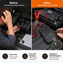 12V/24V Universal Automotive Relay Tester – 5-Position Relay Checker with Battery Clips & LED Indicators for Vehicle Diagnostics