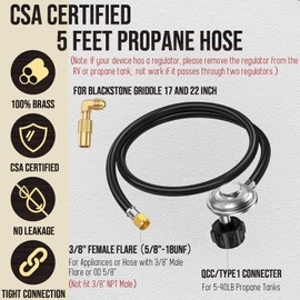 5 Feet Propane Regulator and Hose with Elbow Adapter for Blackstone 17 inch and 22 inch Table Top Griddle, Replacement Parts Connect to 5-40lb Propane Tank, 5471 Propane Adapter Hose & Regulator