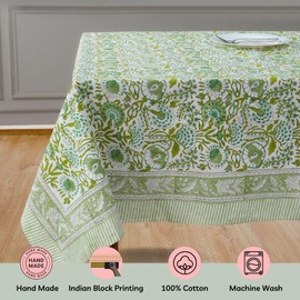 CPC Tablecloth 100% Cotton 70x118 Inch Indian Block Print Rectangle Table Cover, Table Cloth for Weddings, Thanksgiving, Christmas-Agate Green
