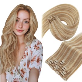 Sunny Hair Clip in Hair Extensions Straight Human Hair Clip in Extensions Remy Clip in Hair Extensions Real Human Hair Extensions Clip ins Honey Blonde Highlights Bleach Blonde 24inch