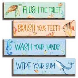 Kadiak 4 Pcs Watercolor Ocean Bathroom Wall Decor Signs, Funny Bathroom Rules Wood Hanging Sign Toilet Restroom Wall Decor, Inspirational Ocean Wall Art Signs for Kids-3