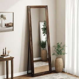 Rustic Farmhouse Full-Length Mirror, 63" x 21" Solid Wood Frame Full Body Mirror with Stand for Bedroom, Living Room & Entryway Décor, Natural Brown