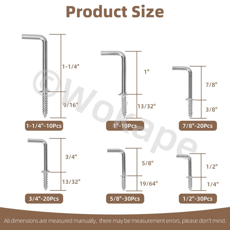 Wokape 120Pcs 6 Sizes Metal Screw-in Square Bend Hooks Kit,