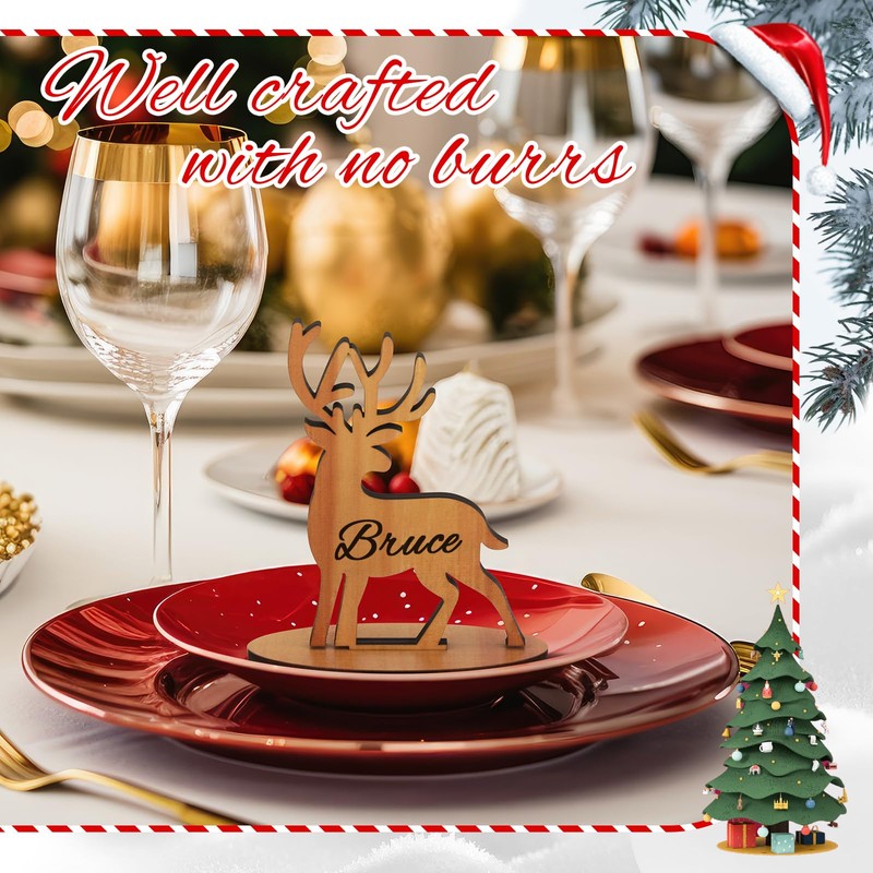 12 Pcs Christmas Groovy Reindeer Place Name Settings Wooden Table