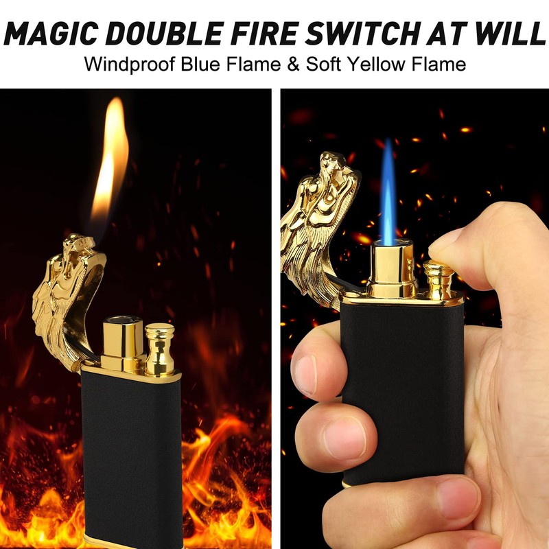 Magic Dual Flame Dragon Lighter, Butane Refillable Torch With Switchable