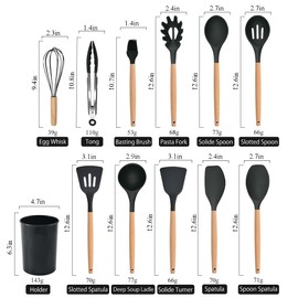 Küchenhelfer-Set 12-teilig Silikon-Kochutensilien-Set mit Holzgriff, hitzebeständig antihaftbeschichtet Kochgeschirr Zange Spatel Löffel-Set spülmaschinenfest beste Küchenutensilien mit (Beige)