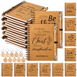 Qeeenar 180 Pcs Religious Gifts for Men Women Christmas Bible Verse Notebook Christian Prayer Journal Inspirational Church Notebook with Bamboo Bible Pens and Keychains for Sunday School Favors