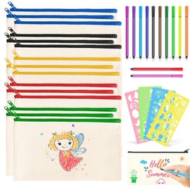 15pcs DIY Blank Fabric Bags, Canvas Pencil Case for Painting, Fabric Bag for Painting, Bags for Painting with 12 Colouring Pencils and 4 Pieces Painting Stencils, for Travel Make Up Bags, Storage