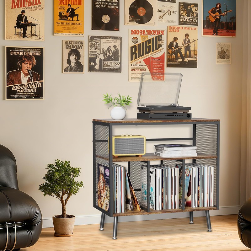 VyGrow Record Player Stand, 3-tier Vinyl Record Storage Cabinet with