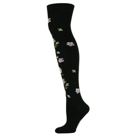 Mysocks Unisex over-the-knee socks made of extra fine combed cotton, floral designs, seamless toe, soft latex band, Black Flower Vine