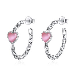 Heart Moonstone Earrings for Women Simplicity Twisted Chain Hoop Earrings Hypoallergenic Huggie Earrings Jewellery Hollowed Earrings, Sterling Silver, Pink Opal