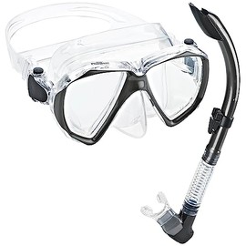 Phantom Aquatics Italian Design Veolicty Silicone Snorkel Mask Anti-Fog Tempered Glass Lens Scuba Snorkeling Mask Dry Snorkel Set (CL/Silver, Adult)