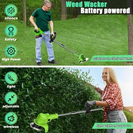 Hejunry Weed Wacker, Electric Weed Wacker with 2 Batteries and 1 Charger, 3 in 1 Brush Cutter, Electric String Trimmer, Lightweight Grass String Trimmer with Adjustable Length, 90° Head Adjustment