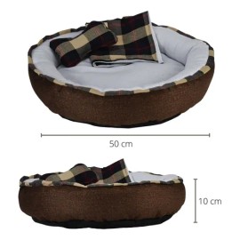 Cama para Perro Pequeño con Frazada Reversible + Juguete Hueso - Suave, Lavable y Cómoda - Color Marrón Oscuro - Diámetro 50 cm