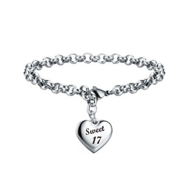 KGBNCIE Happy 17 Year Old Gifts for Girls Heart Charm Bracelet for 17th Birthday Gift Adjustable Jewelry for Her